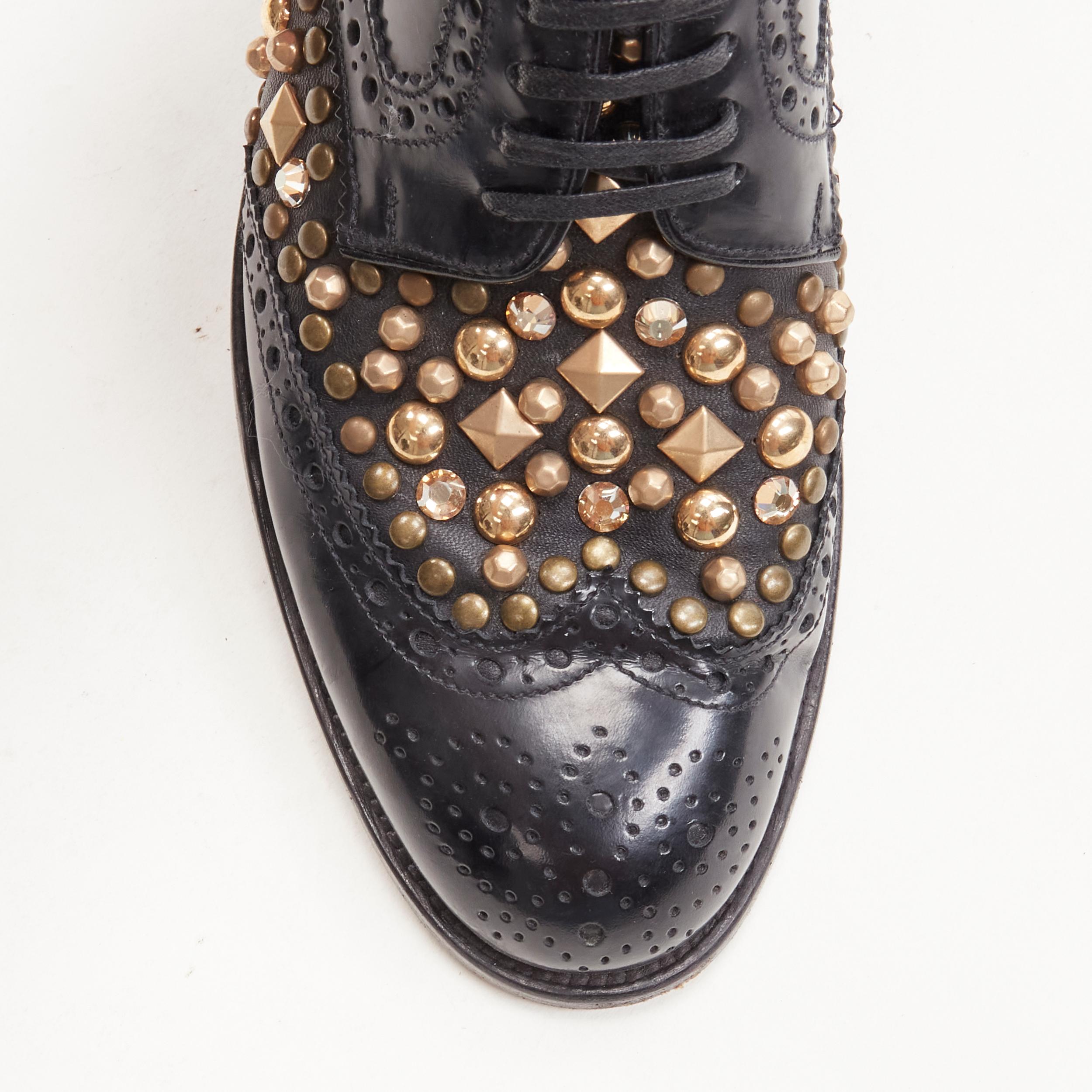 DOLCE GABBANA black gold crystal studded perforated brogue loafer EU38 In Good Condition In Hong Kong, NT