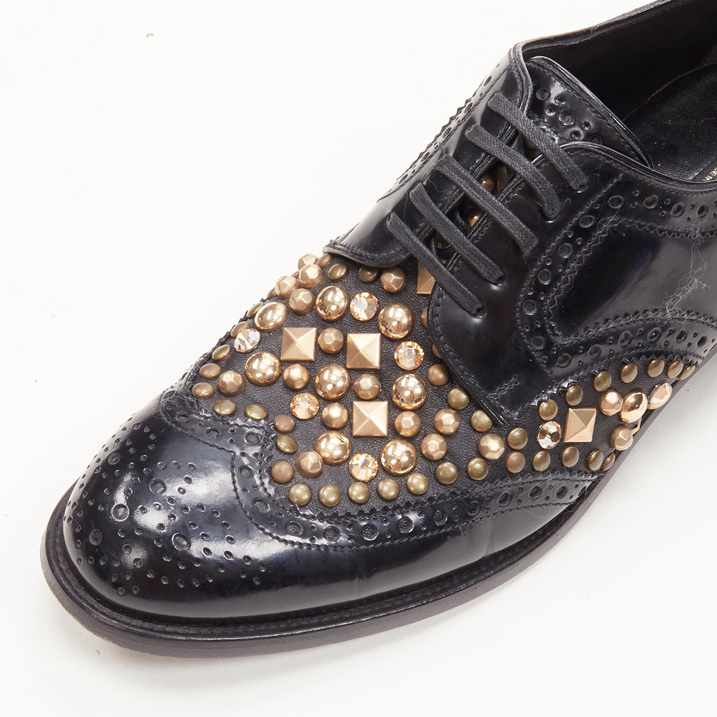 Women's DOLCE GABBANA black gold crystal studded perforated brogue loafer EU38