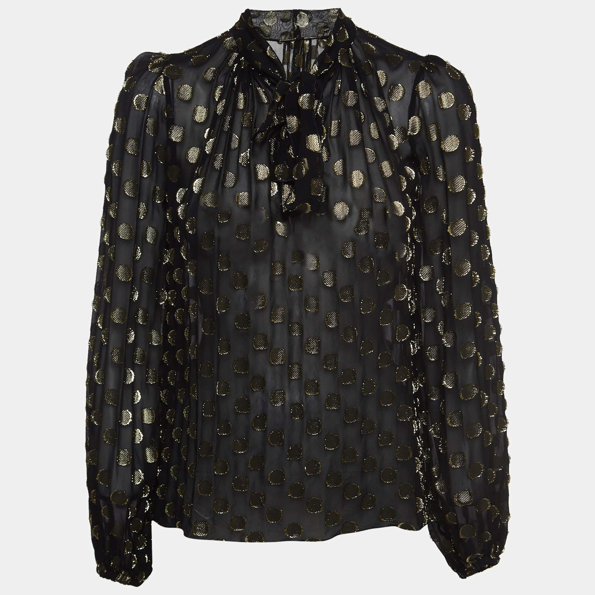 Dolce & Gabbana Black/Gold Dotted Lurex Silk High Neck Top S For Sale