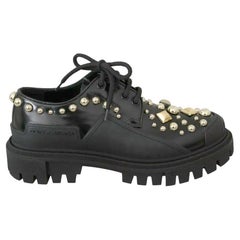 Dolce & Gabbana Black Gold Leather Boots Brogues Casual Shoes With Brass Studs