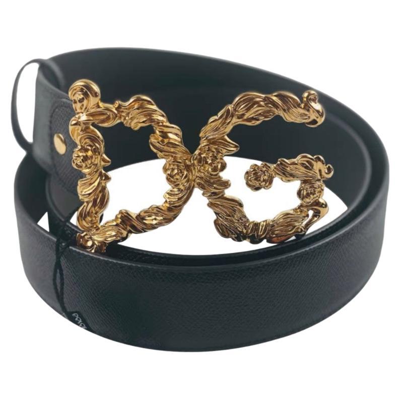 Dolce & Gabbana Black Gold Leather Calfskin DG Amore Belt Logo One Size