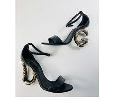 Dolce & Gabbana Black Gold Leather DG Baroque Heels Strap Sandals Shoes