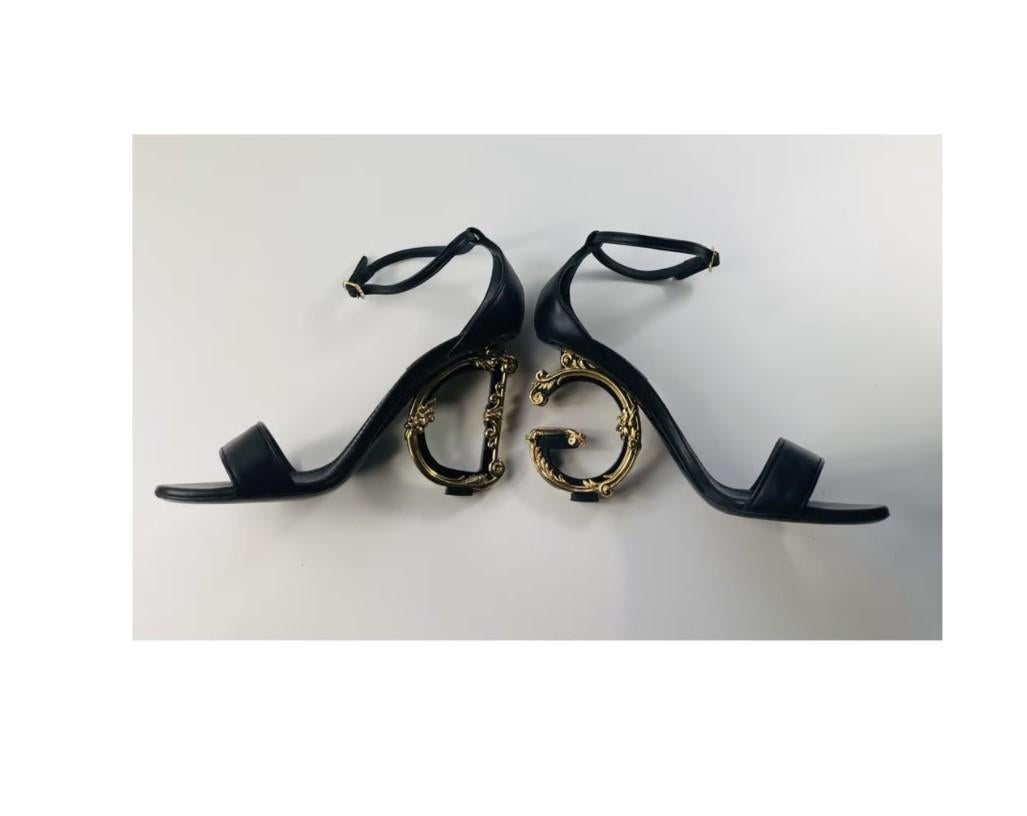 Dolce & Gabbana Black Gold Leather DG Baroque Heels Strap Sandals Shoes In Good Condition In WELWYN, GB
