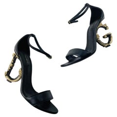Dolce & Gabbana Black Gold Leather DG Baroque Heels Strap Sandals Shoes