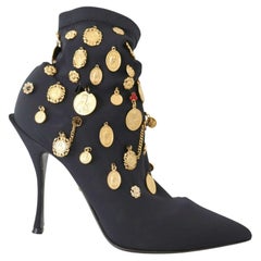Dolce & Gabbana Black Gold Leather Suede Coins Ankle Boots Heels With Tags Logo