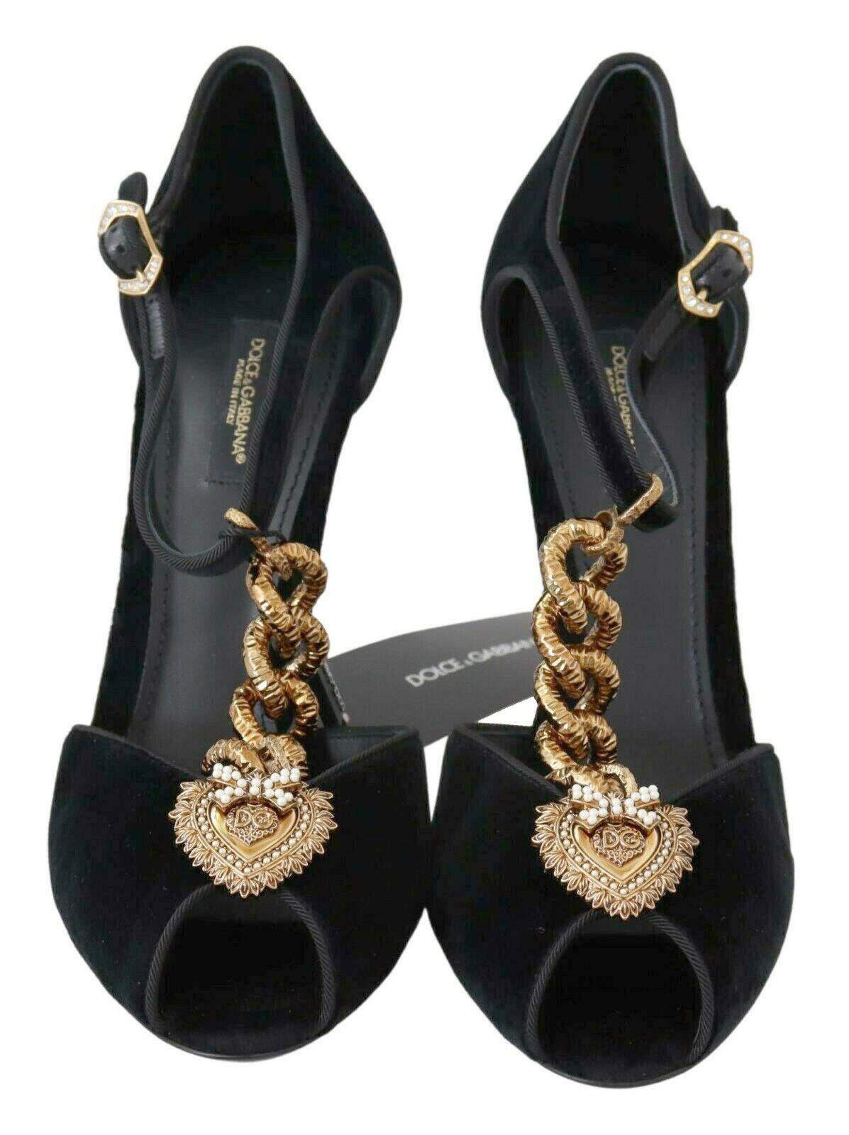 Women's Dolce & Gabbana Black Gold Mary Jane Shoes Heels Pumps With DG Logo Heart Pearls
