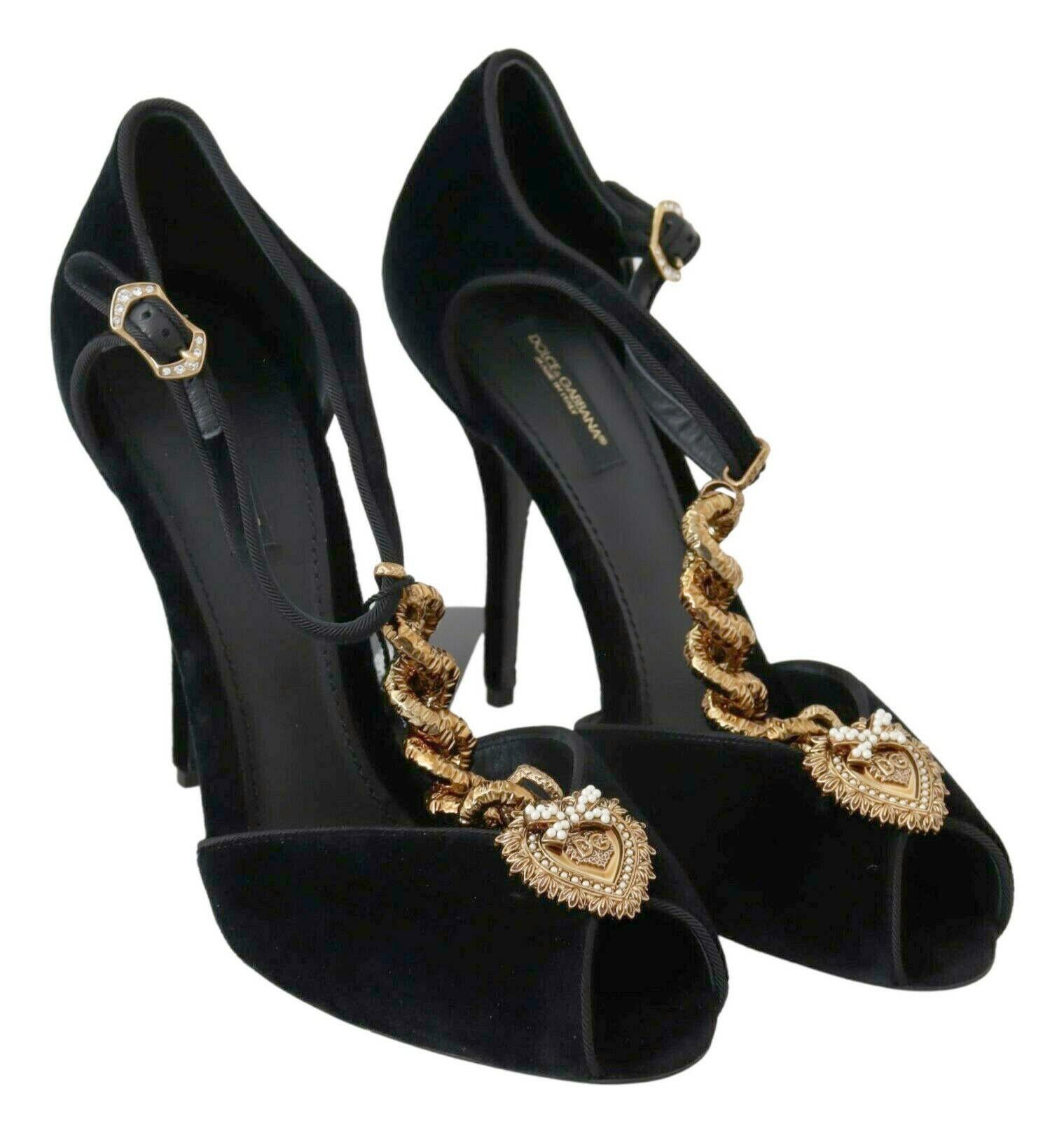 Dolce & Gabbana Black Gold Mary Jane Shoes Heels Pumps With DG Logo Heart Pearls 1