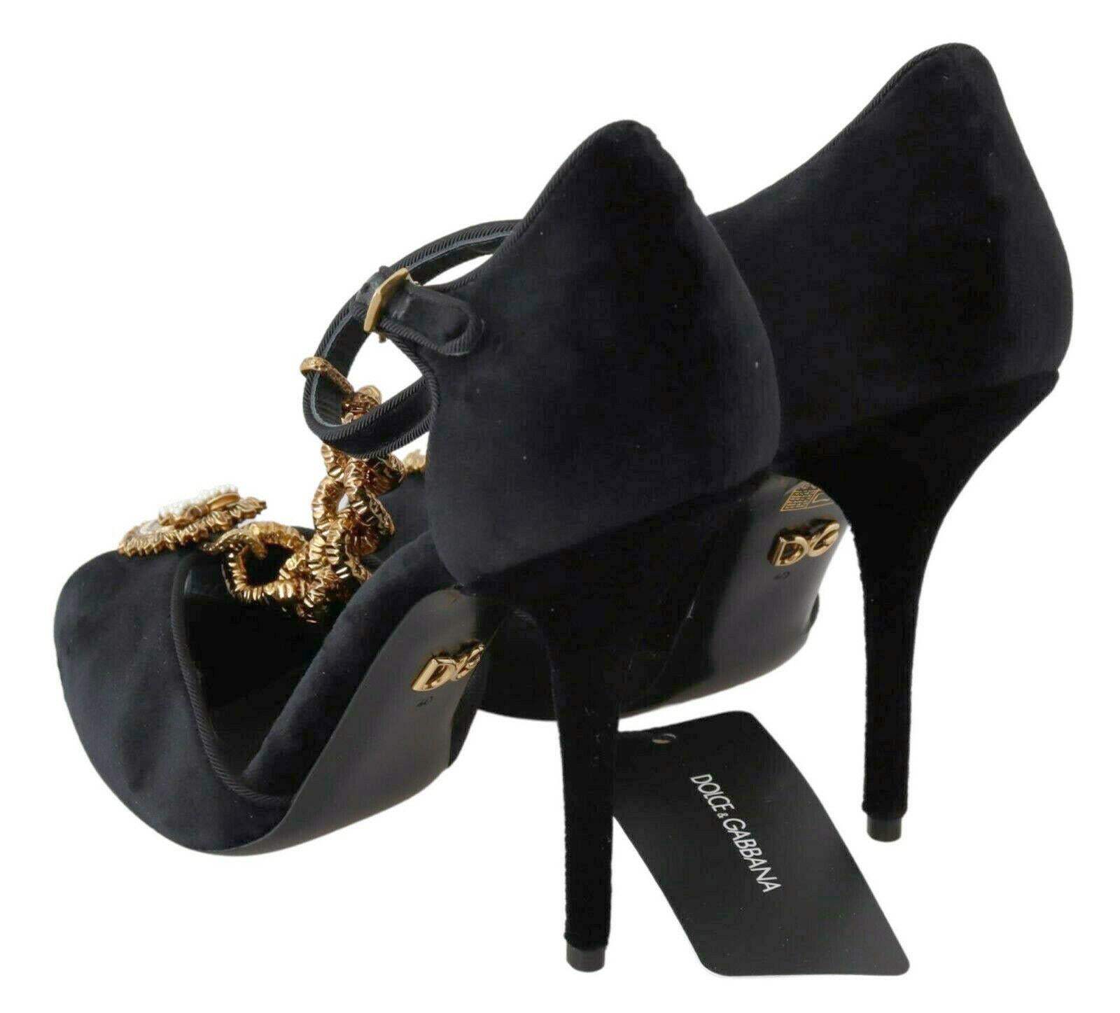Dolce & Gabbana Black Gold Mary Jane Shoes Heels Pumps With DG Logo Heart Pearls 2