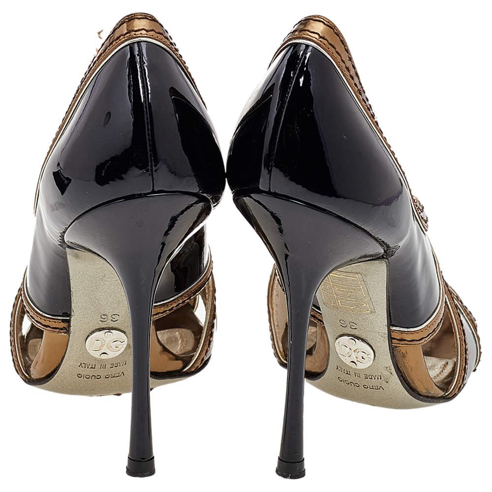 Dolce & Gabbana Black/Gold Patent Leather and Leather Peep Toe Pumps Size 36 1