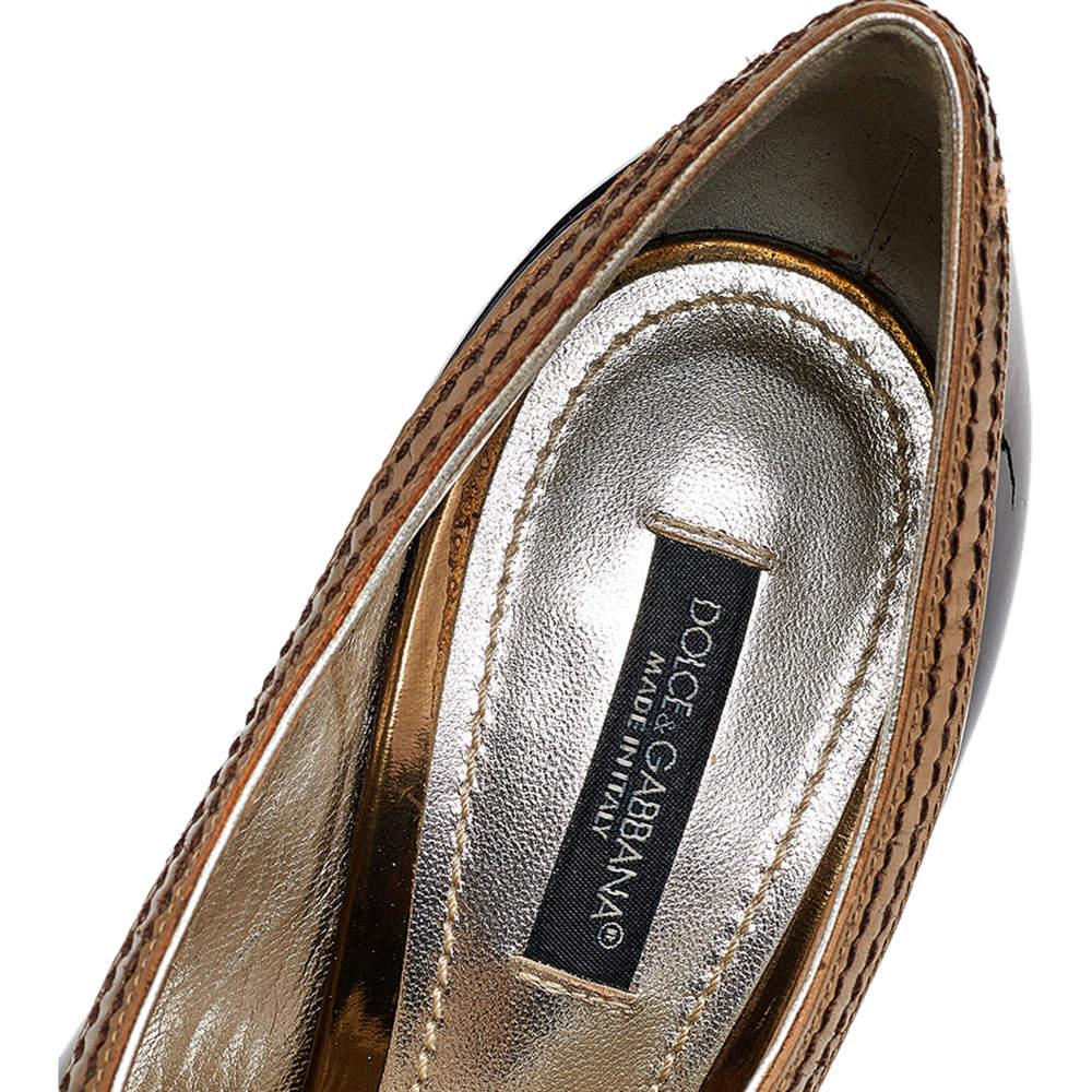 Dolce & Gabbana Black/Gold Patent Leather and Leather Peep Toe Pumps Size 36 3