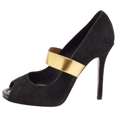 Dolce & Gabbana Black/Gold Suede & Elastic B& Mary Jane Peep Toe Pumps Size 39