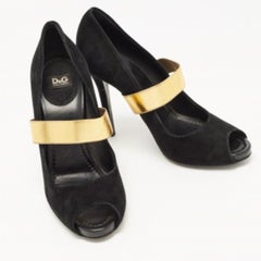 Dolce & Gabbana Black/Gold Suede & Elastic Band Mary Jane Peep Toe Pumps Size 39