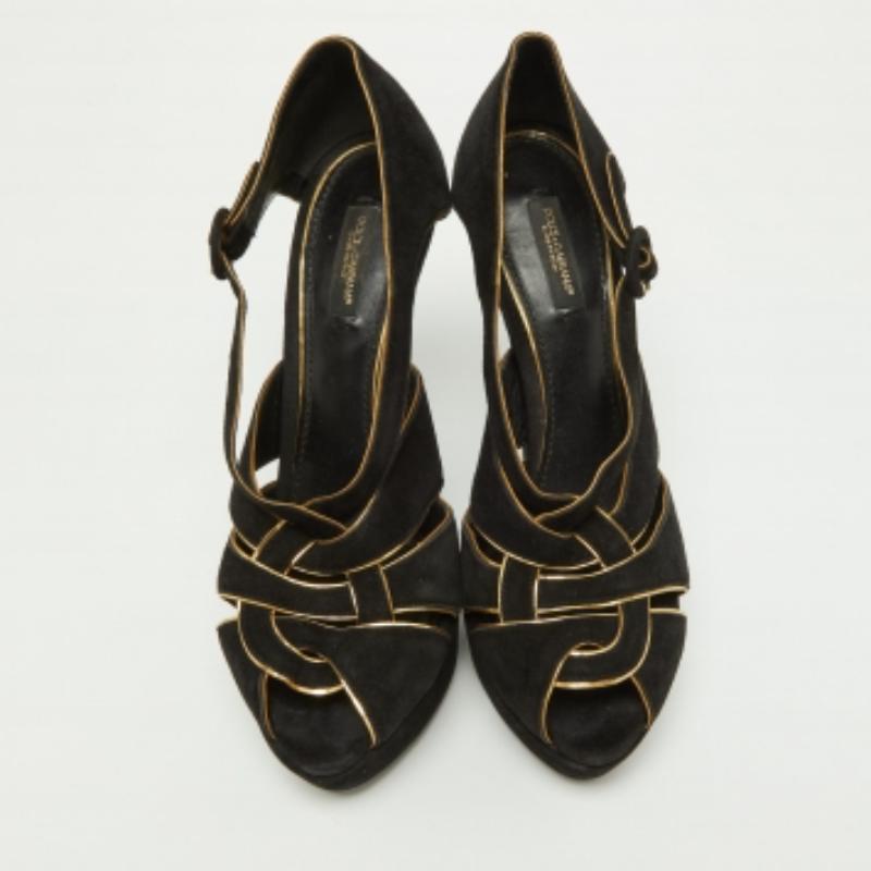 Dolce & Gabbana Sandales à plateforme en daim noir/doré Taille 39 en vente 2