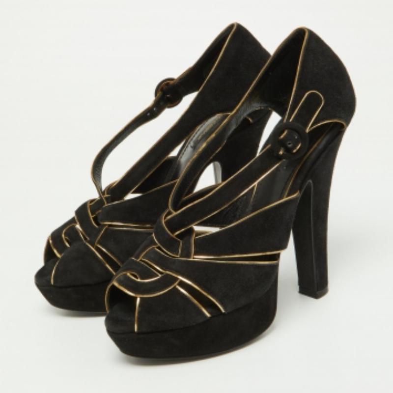 Dolce & Gabbana Sandales à plateforme en daim noir/doré Taille 39 en vente 3