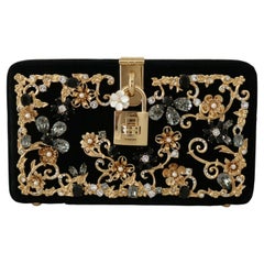 Dolce & Gabbana Black Gold Velvet Floral Box Bag Evening Party Clutch Purse