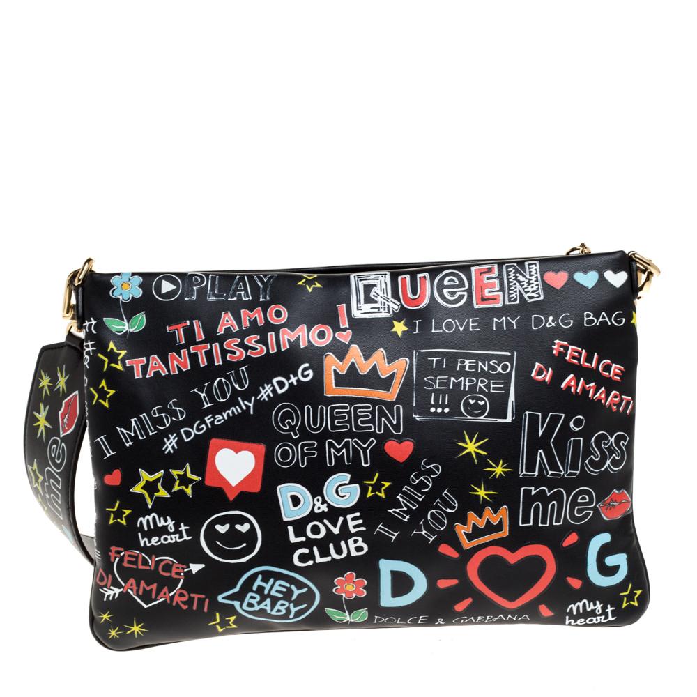 Women's Dolce & Gabbana Black Graffiti Print Leather Cleo Clutch Bag