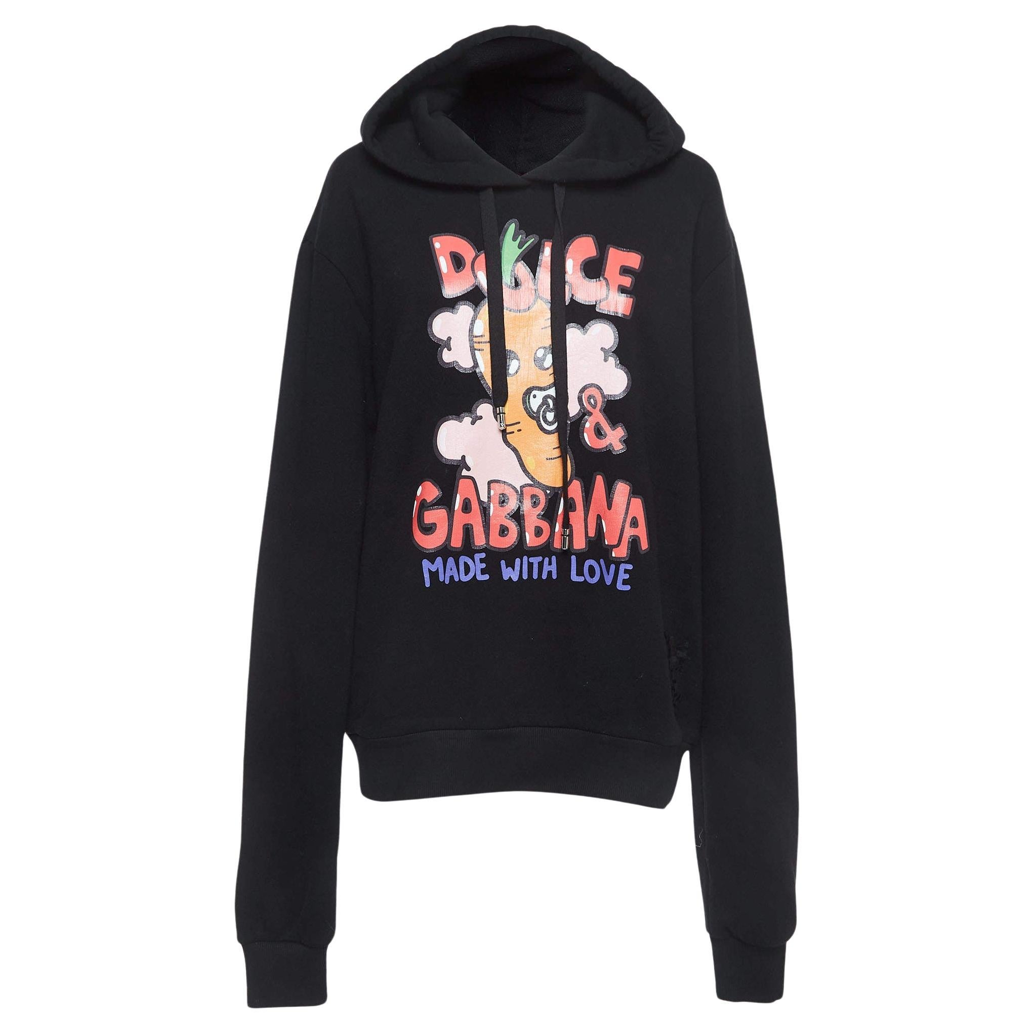 Dolce & Gabbana Black Graphic Print Cotton Blend Hoodie S For Sale