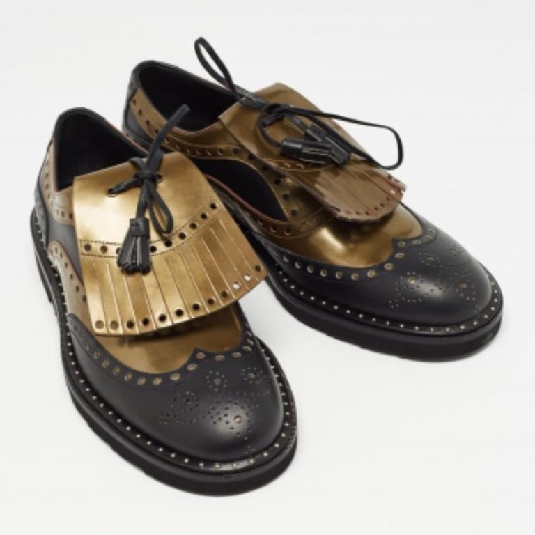 Dolce & Gabbana Negro/Verde Brogue Cuero Flecos Oxfords Talla 41 en venta 2