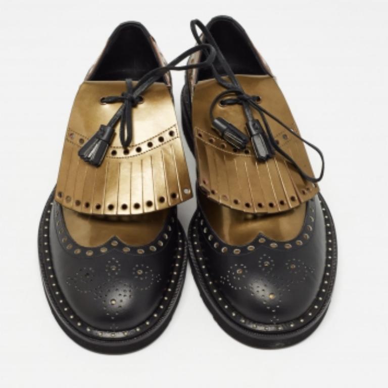 Dolce & Gabbana Negro/Verde Brogue Cuero Flecos Oxfords Talla 41 en venta 3