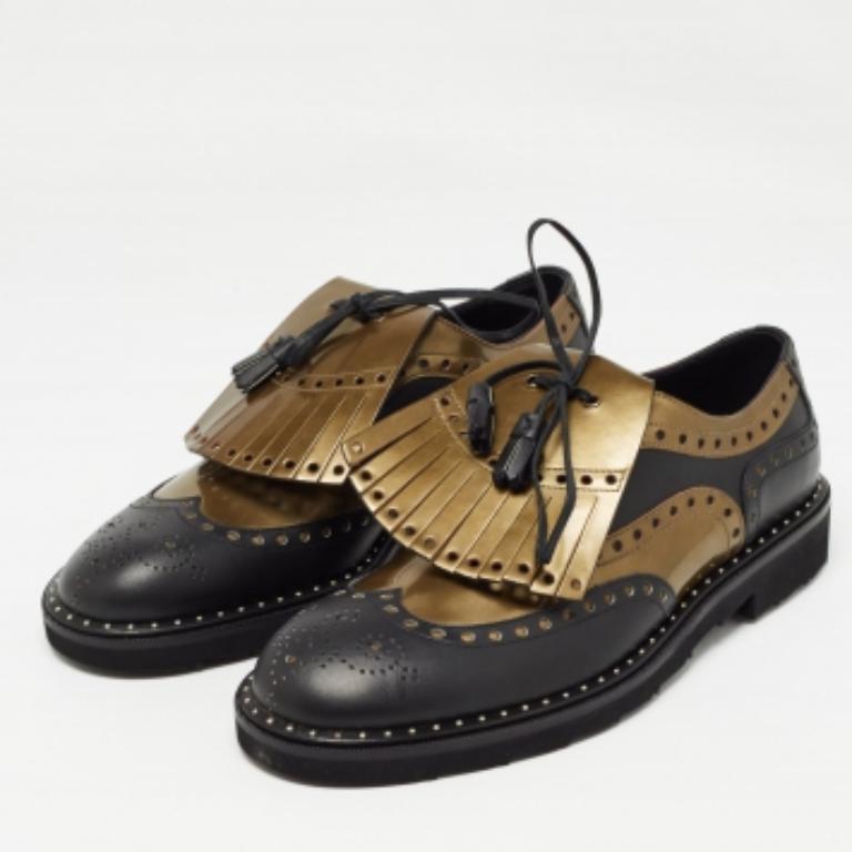 Dolce & Gabbana Negro/Verde Brogue Cuero Flecos Oxfords Talla 41 en venta 4