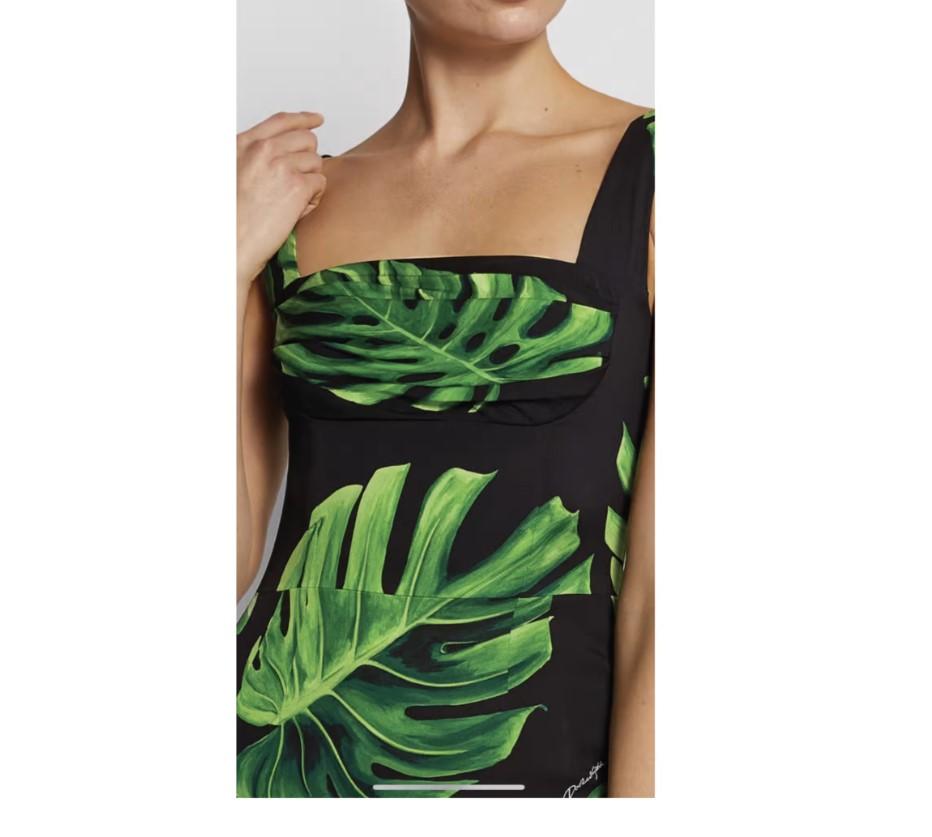 Women's Dolce & Gabbana Black Green Silk Leaves Midi Sheath Dress Tropical Bodycon DG For Sale