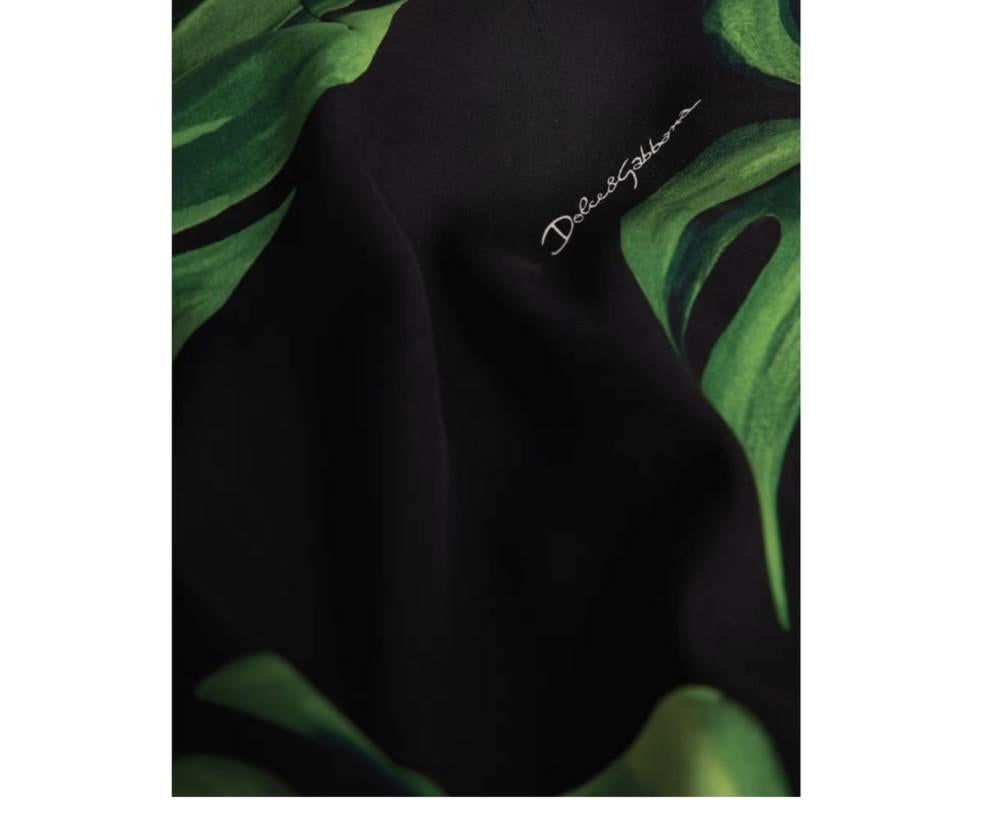 Dolce & Gabbana Black Green Silk Leaves Midi Sheath Dress Tropical Bodycon DG For Sale 1