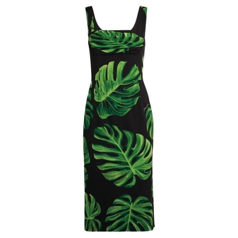 Dolce & Gabbana Black Green Silk Leaves Midi Sheath Dress Tropical Bodycon DG For Sale