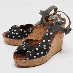 Dolce & Gabbana Black/Grey Knotted Polka Dot Fabric and Raffia Cork Sandals