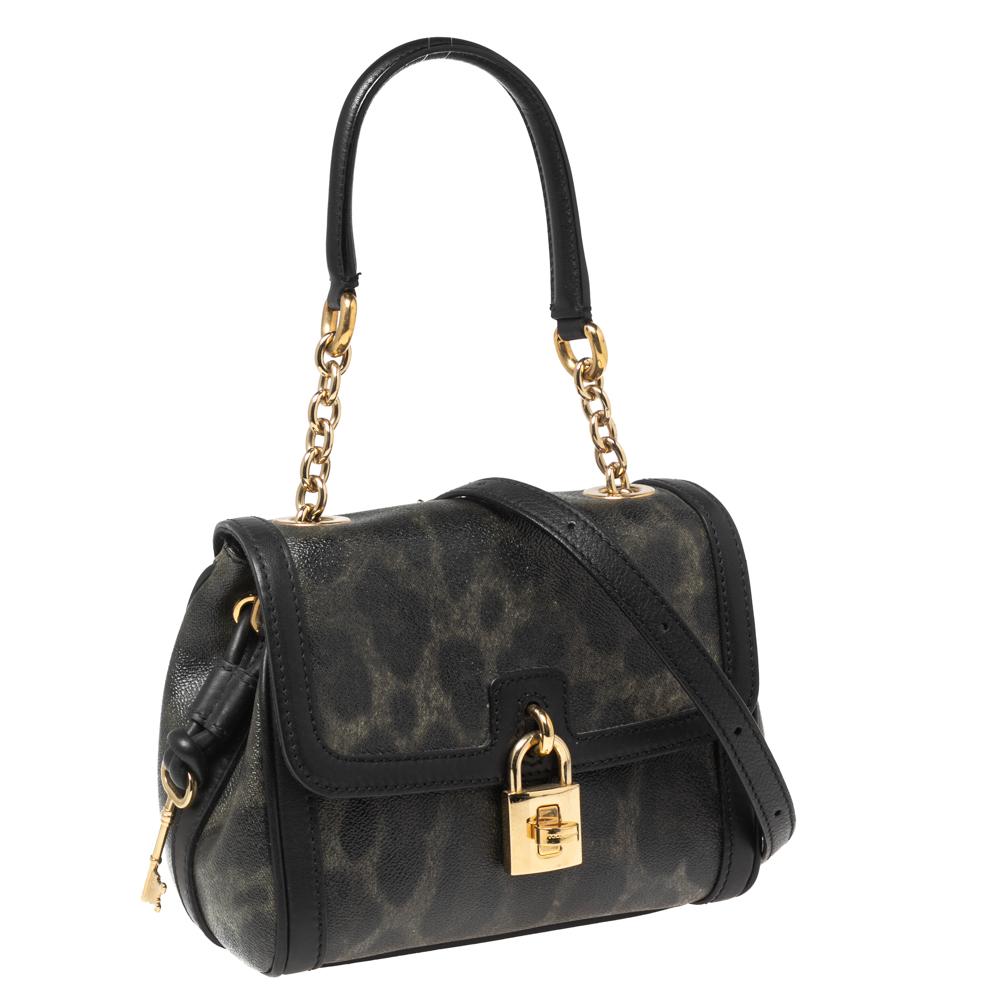 Dolce & Gabbana Black/Grey Leopard Print Coated Canvas and Leather Padlock Top H In Good Condition In Dubai, Al Qouz 2