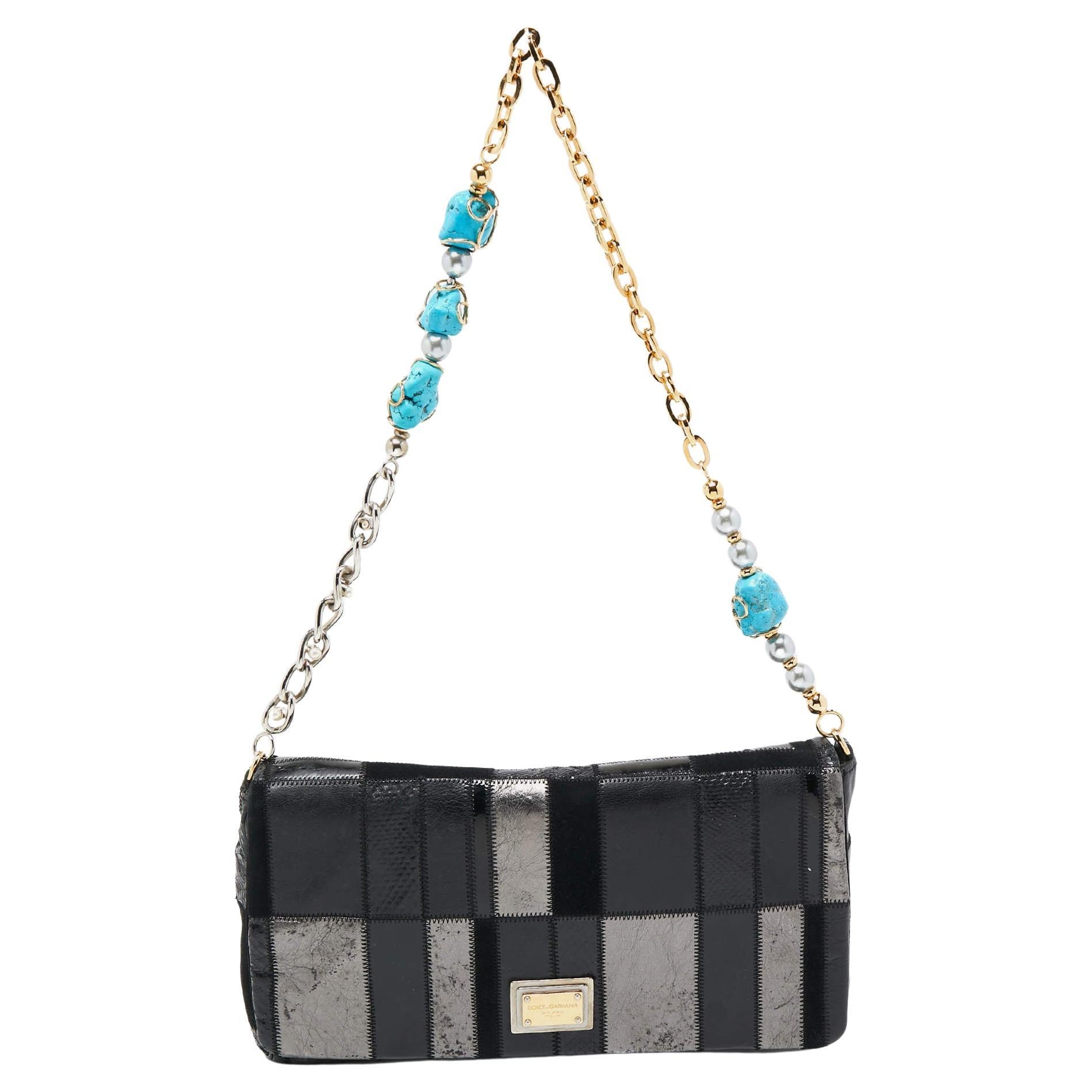 Dolce & Gabbana Black/Grey Mixed Leather and Snakeskin Patchwork Chain Bag For Sale