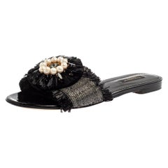 Dolce & Gabbana Black/Grey Raffia Crystal Embellished Flats Size 37