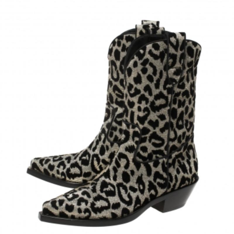 Dolce & Gabbana Black/Grey Shimmering Leopard Laurex Fabric Cowboy Boots Size 38 For Sale 6