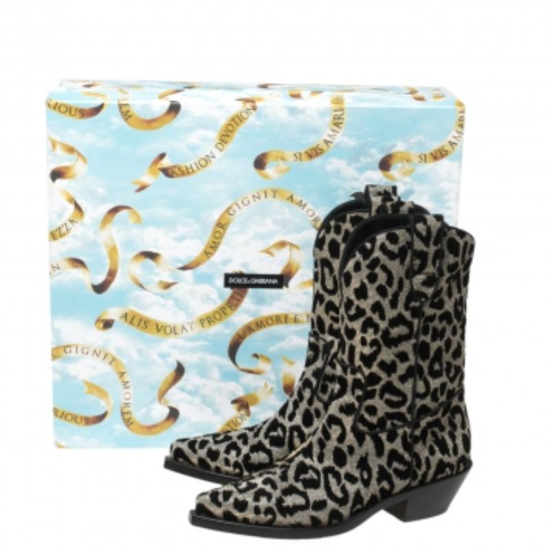 Dolce & Gabbana Black/Grey Shimmering Leopard Laurex Fabric Cowboy Boots Size 38 In Excellent Condition For Sale In Dubai, Al Qouz 2