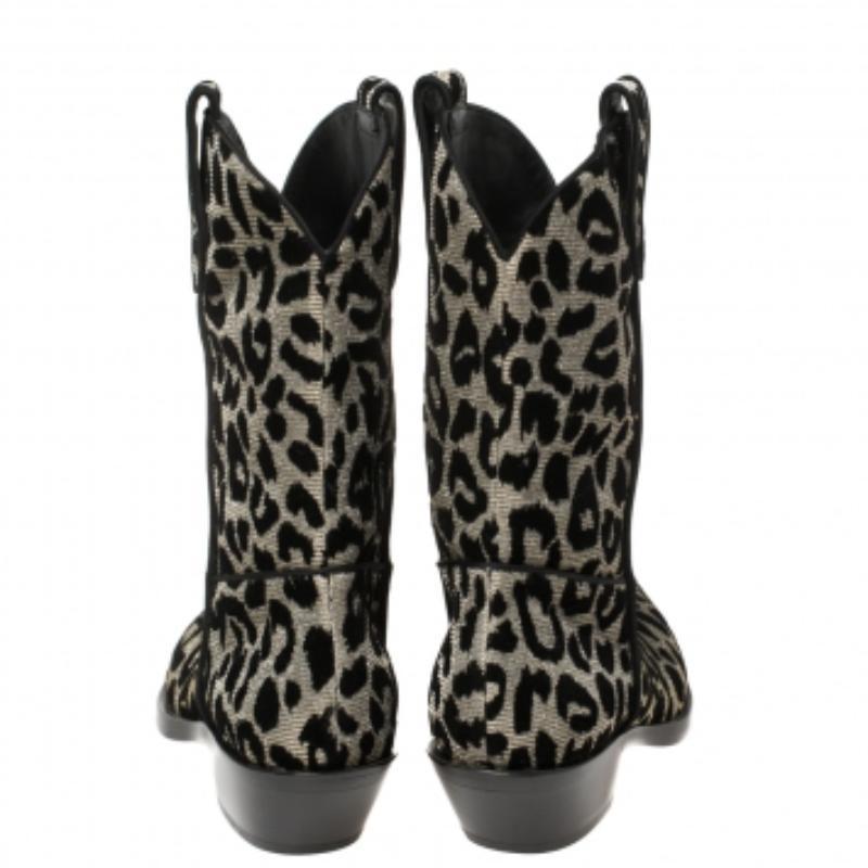 Dolce & Gabbana Black/Grey Shimmering Leopard Laurex Fabric Cowboy Boots Size 38 For Sale 1