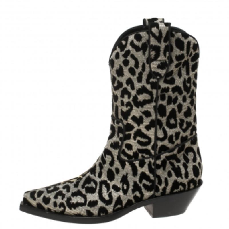 Dolce & Gabbana Black/Grey Shimmering Leopard Laurex Fabric Cowboy Boots Size 38 For Sale 5