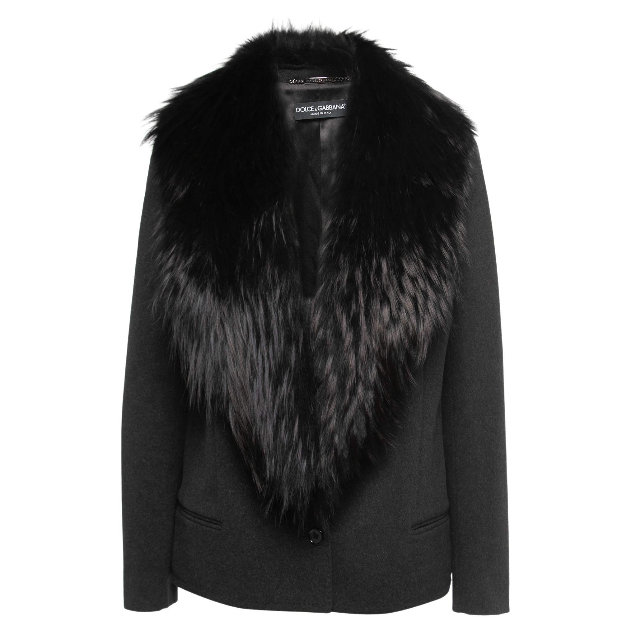 Dolce & Gabbana Black Grey Wool & Fur Single Breasted Jacket M For Sale