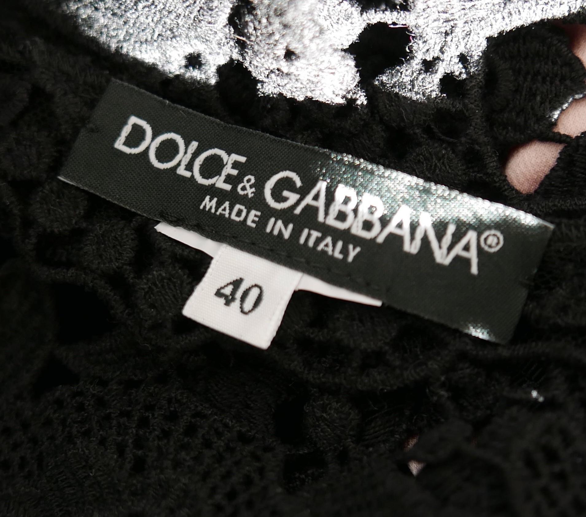 Dolce & Gabbana Black Guipure Lace Pink Silk Lined Dress For Sale 1