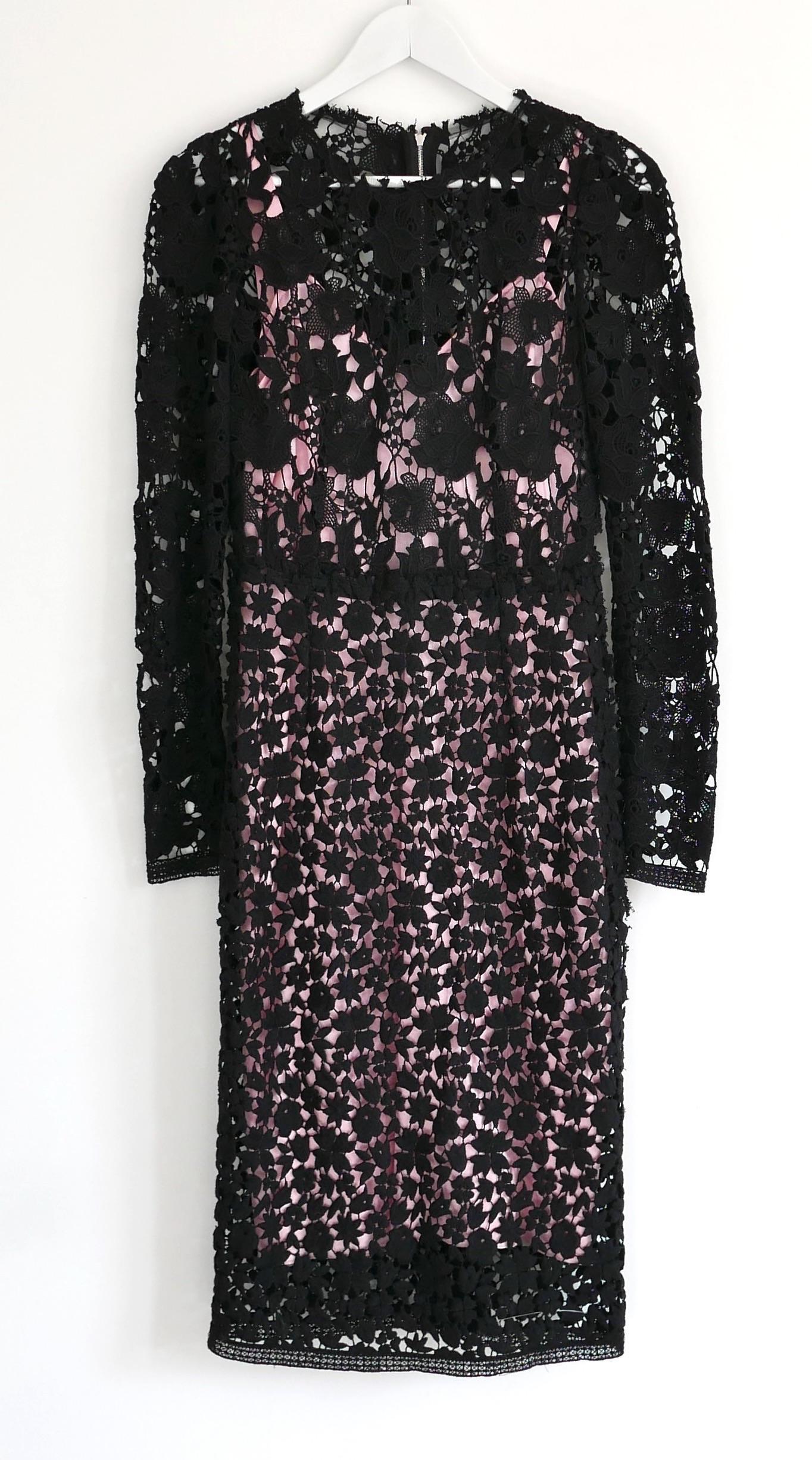 Dolce & Gabbana Black Guipure Lace Pink Silk Lined Dress For Sale