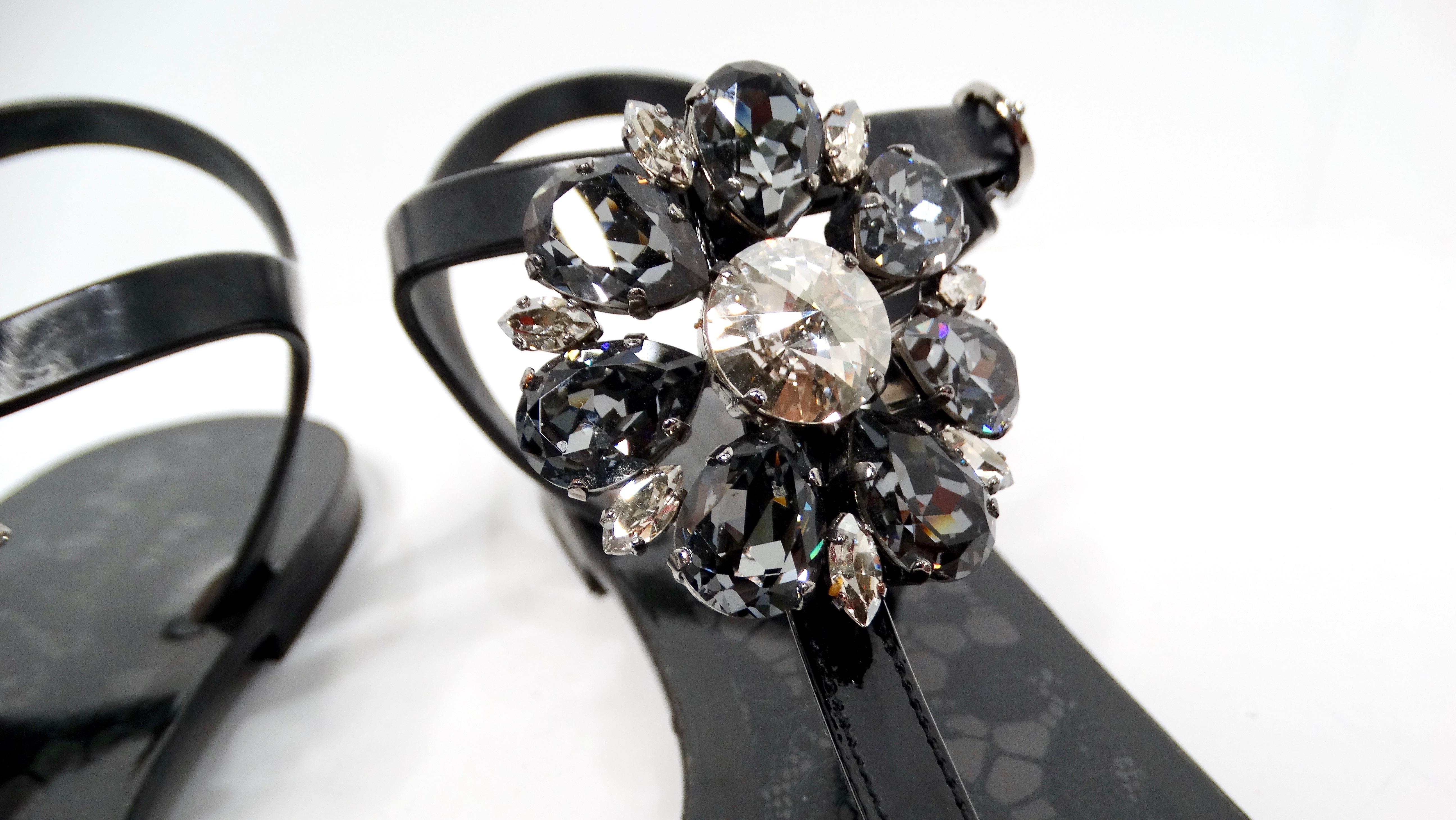 Dolce & Gabbana Black Jelly Lace Print Sandals With Crystal Flower Embellishment In Good Condition For Sale In Scottsdale, AZ