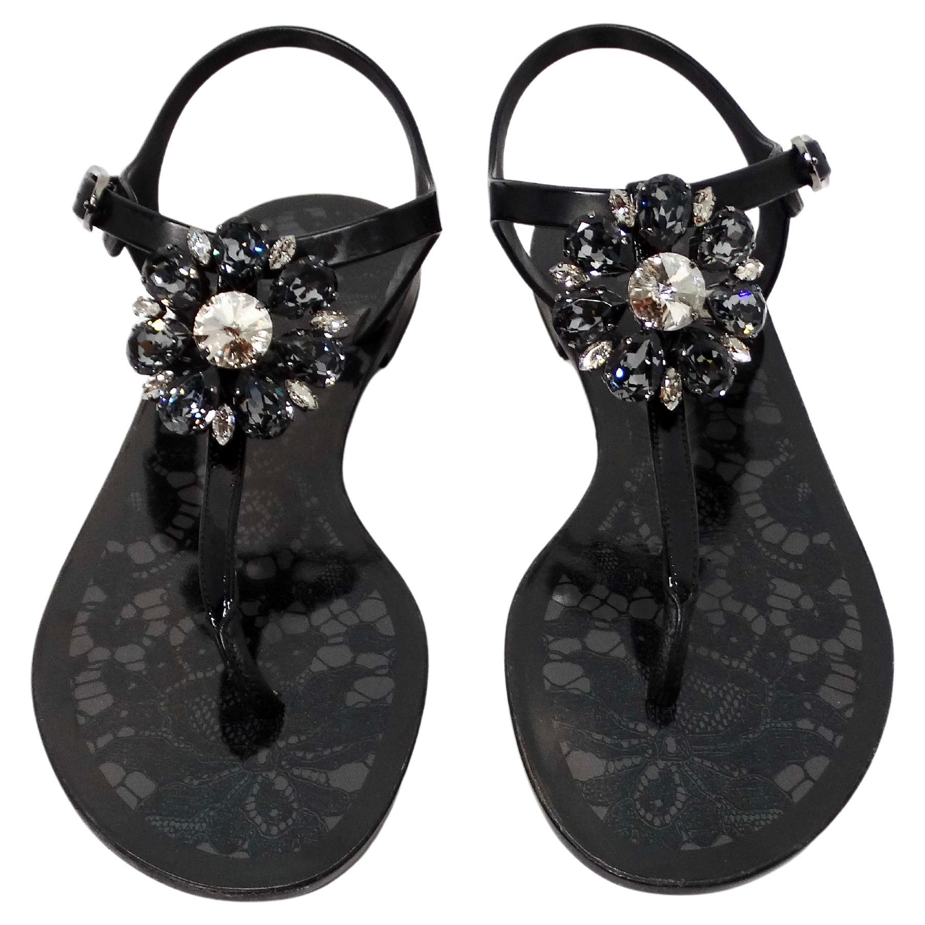 Dolce & Gabbana Black Jelly Lace Print Sandals With Crystal Flower Embellishment For Sale