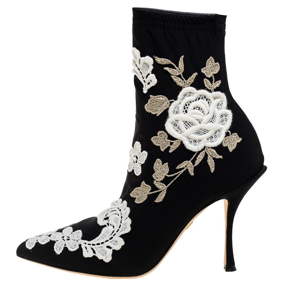 Dolce & Gabbana Black Jersey Flower Embroidered Stretch Booties Size 36 In New Condition In Dubai, Al Qouz 2