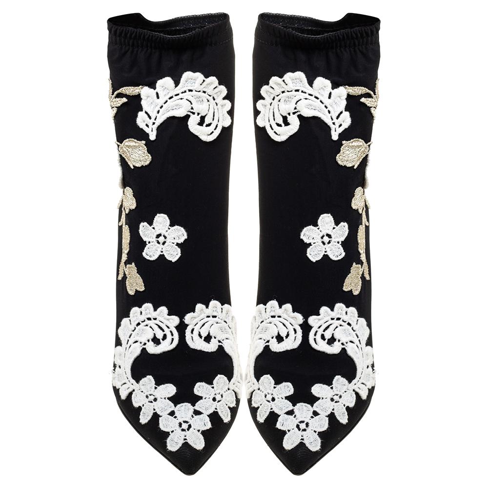 Dolce & Gabbana Black Jersey Flower Embroidered Stretch Booties Size 36 1
