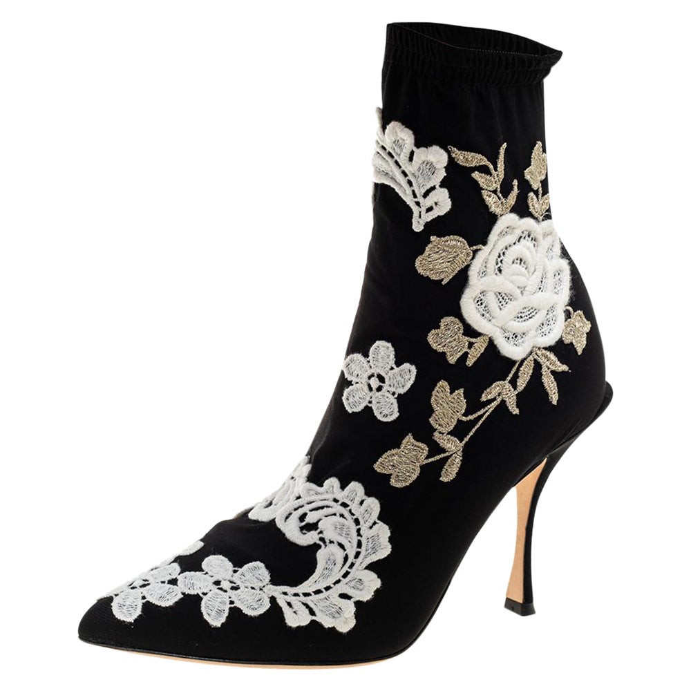 Dolce 
Gabbana Bottines extensibles brodées de fleurs en jersey noir, Taille 36