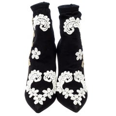Dolce & Gabbana Black Jersey Flower Embroidered Stretch Booties Size 37
