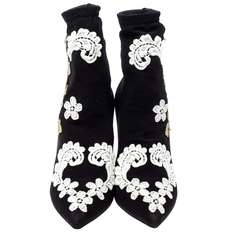 Dolce & Gabbana Black Jersey Flower Embroidered Stretch Booties Size 37 For Sale 1