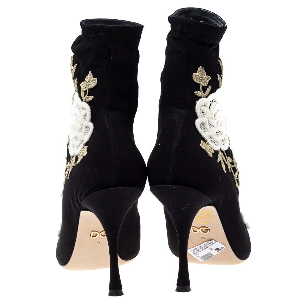 Dolce & Gabbana Black Jersey Flower Embroidered Stretch Booties Size 37 For Sale 3