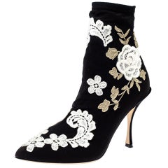 Dolce & Gabbana Black Jersey Flower Embroidered Stretch Booties Size 37