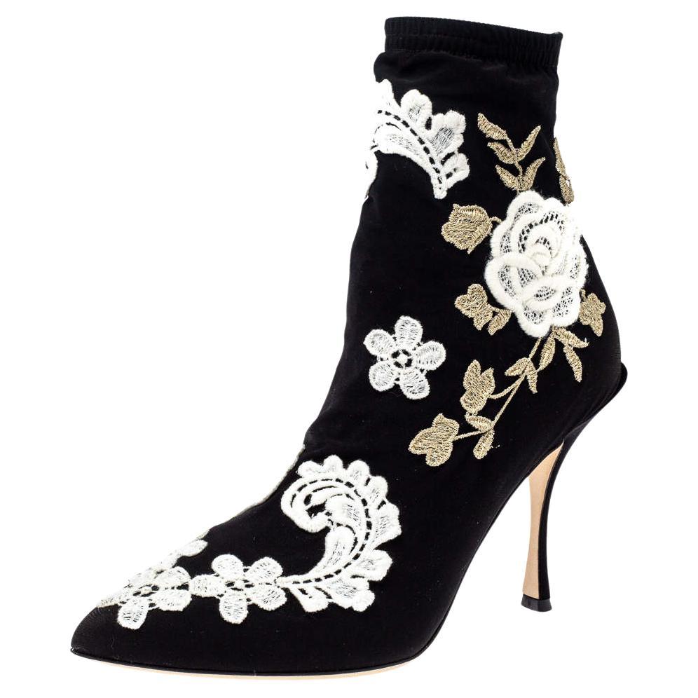 Dolce & Gabbana Black Jersey Flower Embroidered Stretch Booties Size 37 For Sale