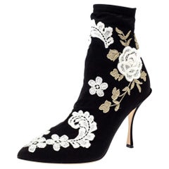 Dolce & Gabbana Schwarz Jersey Blume bestickte Stretch-Stiefeletten Größe 37