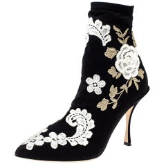 Dolce 
Gabbana Black Jersey Flower Embroidered Stretch Booties Size 39